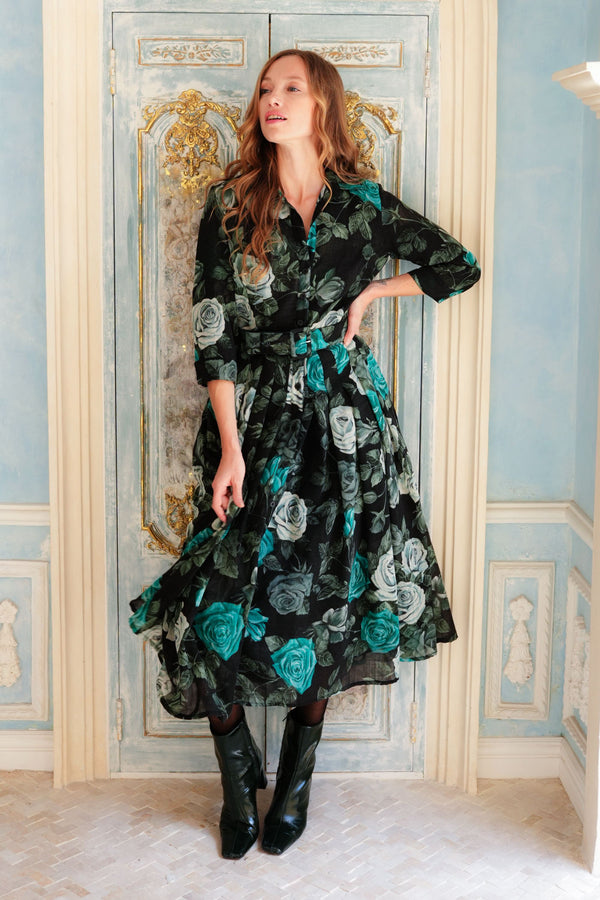 Audrey Dress #4 Shirt Collar 3/4 Sleeve Midi Length Wool (Charlotte Rose Big Dark) - Black Jade