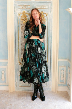 Audrey Dress #4 Shirt Collar 3/4 Sleeve Midi Length Wool (Charlotte Rose Big Dark) - Black Jade