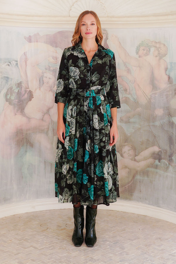 Audrey Dress #4 Shirt Collar 3/4 Sleeve Midi Length Wool (Charlotte Rose Big Dark) - Black Jade