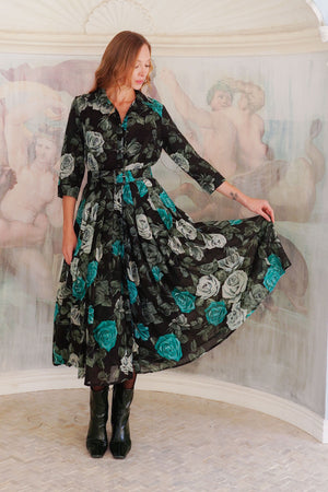 Audrey Dress #4 Shirt Collar 3/4 Sleeve Midi Length Wool (Charlotte Rose Big Dark) - Black Jade