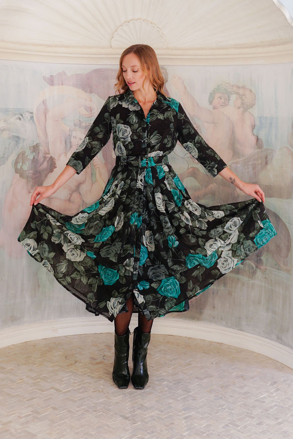 Audrey Dress #4 Shirt Collar 3/4 Sleeve Midi Length Wool (Charlotte Rose Big Dark) - Black Jade