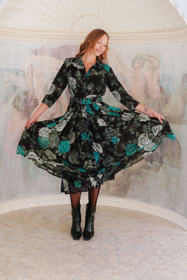 Audrey Dress #4 Shirt Collar 3/4 Sleeve Midi Length Wool (Charlotte Rose Big Dark) - Black Jade