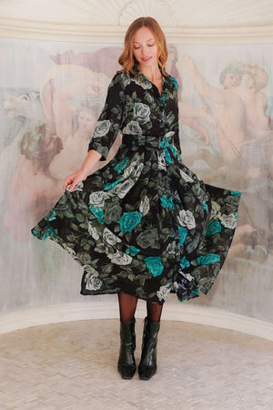 Audrey Dress #4 Shirt Collar 3/4 Sleeve Midi Length Wool (Charlotte Rose Big Dark) - Black Jade