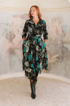 Audrey Dress #4 Shirt Collar 3/4 Sleeve Midi Length Wool (Charlotte Rose Big Dark) - Black Jade