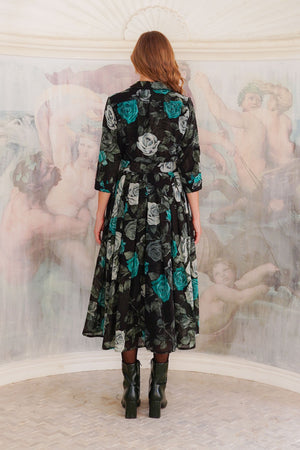 Audrey Dress #4 Shirt Collar 3/4 Sleeve Midi Length Wool (Charlotte Rose Big Dark) - Black Jade