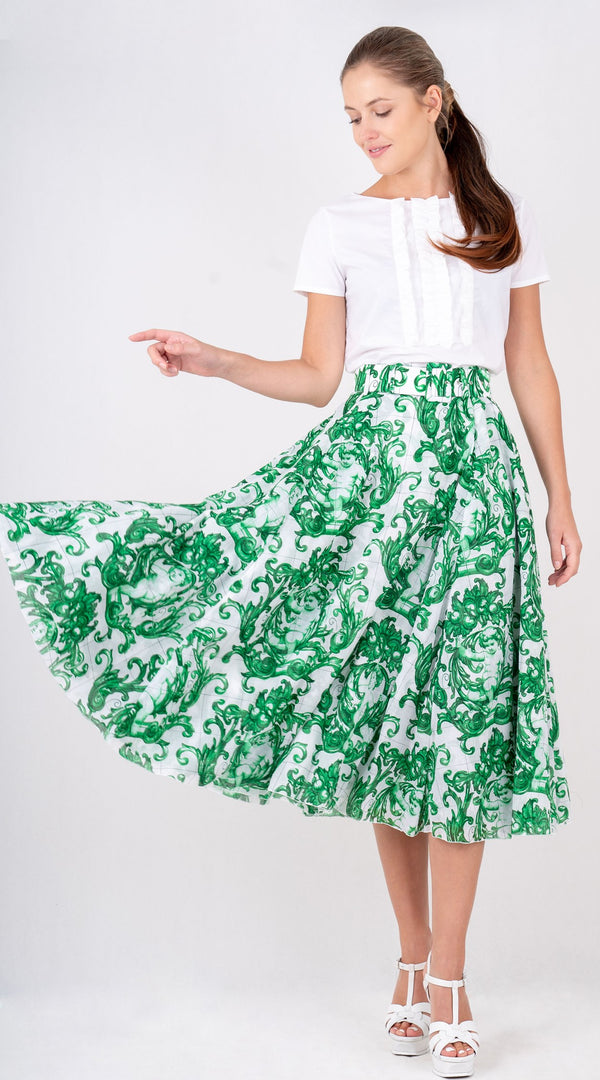 Aster Skirt #1 with Belt Midi Length Cotton Musola (Cherub Tile)