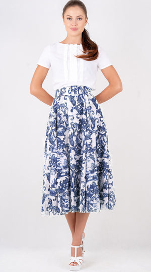 Aster Skirt #1 with Belt Midi Length Cotton Musola (Cherub Tile)
