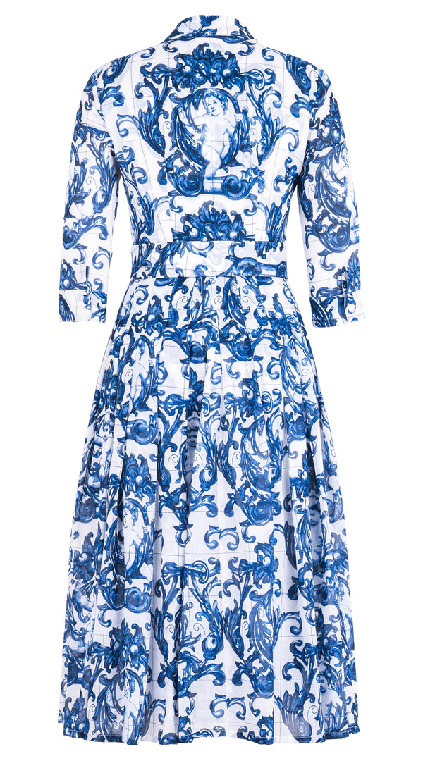 Audrey Dress #4 Shirt Collar 3/4 Sleeve Midi Length Cotton Musola (Cherub Tile)