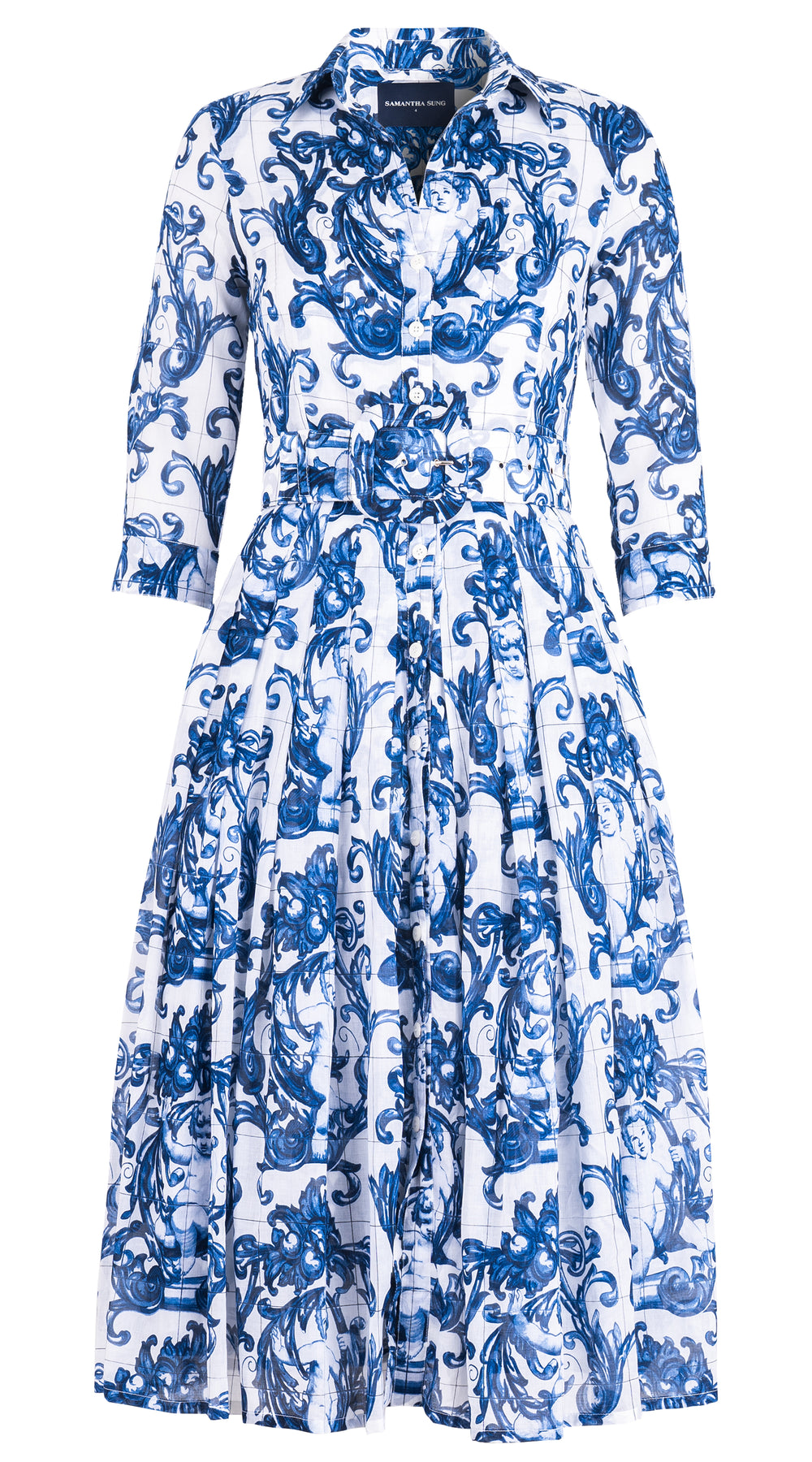 Audrey Dress #4 Shirt Collar 3/4 Sleeve Midi Length Cotton Musola (Cherub Tile) @1