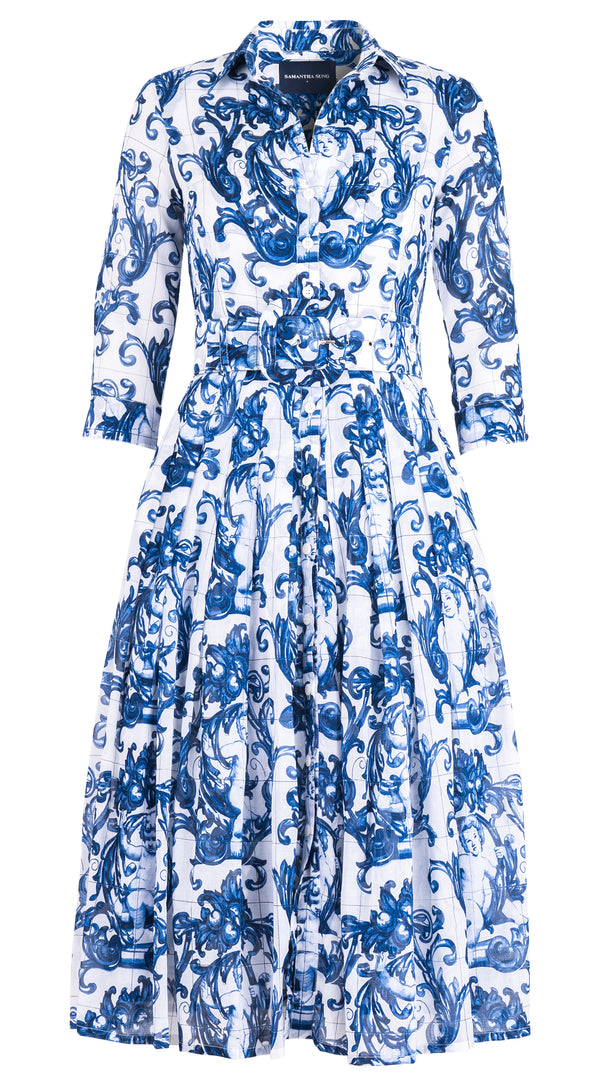 Audrey Dress #4 Shirt Collar 3/4 Sleeve Midi Length Cotton Musola (Cherub Tile)
