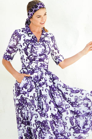 Aster Dress Shirt Collar 1/2 Sleeve Midi Length Cotton Musola (Cherub Tile)