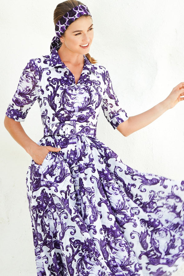 Aster Dress Shirt Collar 1/2 Sleeve Midi Length Cotton Musola (Cherub Tile)