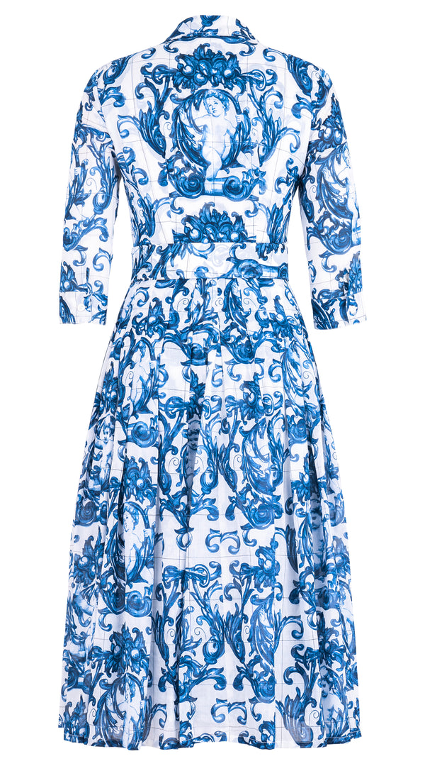 Audrey Dress #4 Shirt Collar 3/4 Sleeve Midi Length Cotton Musola (Cherub Tile)