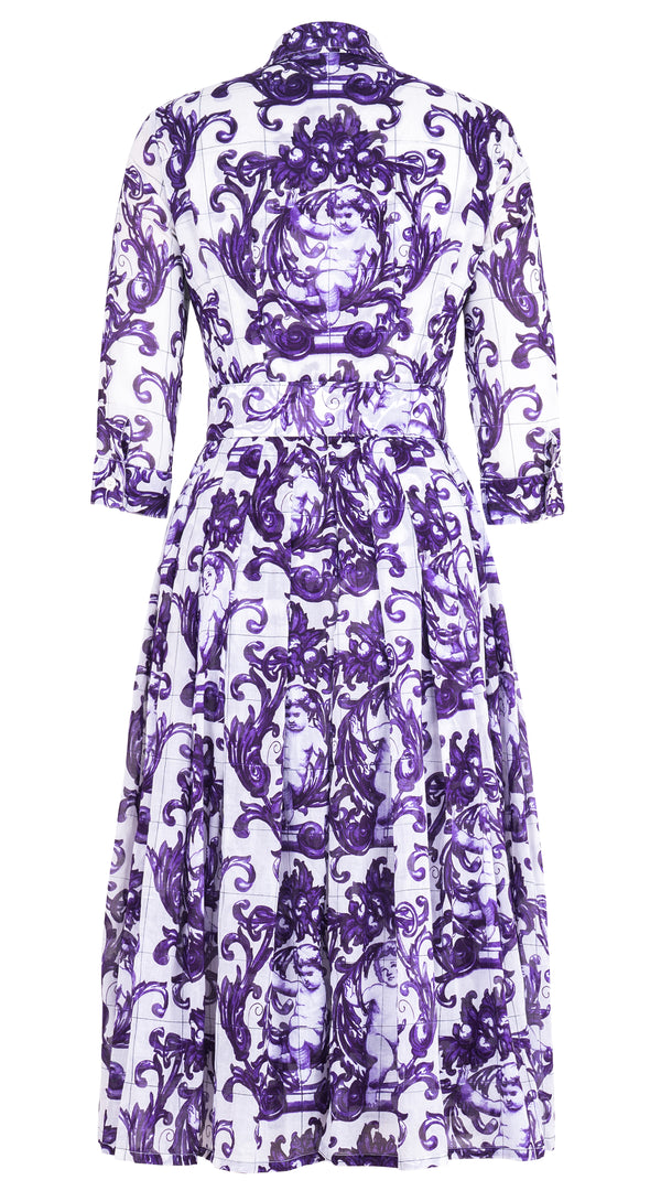Audrey Dress #4 Shirt Collar 3/4 Sleeve Midi Length Cotton Musola (Cherub Tile)