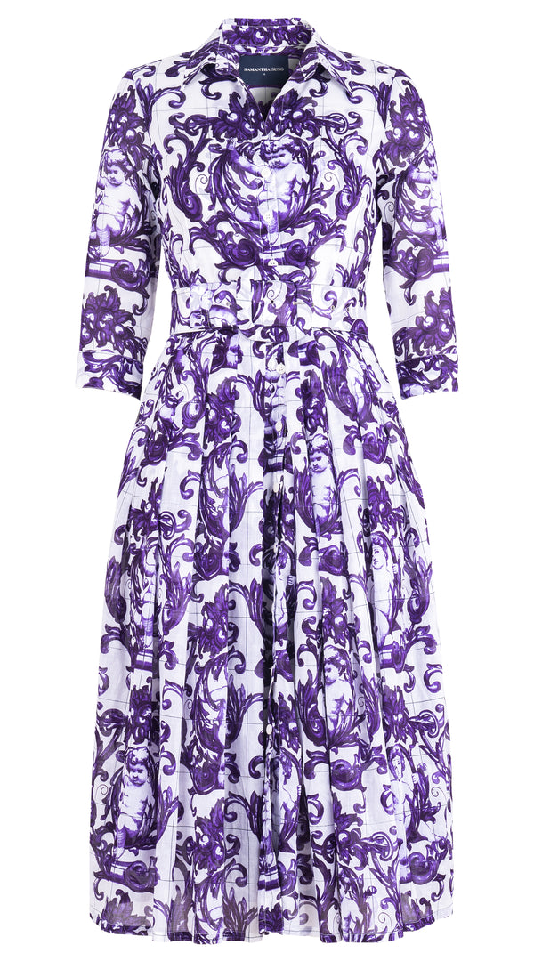Audrey Dress #4 Shirt Collar 3/4 Sleeve Midi Length Cotton Musola (Cherub Tile)
