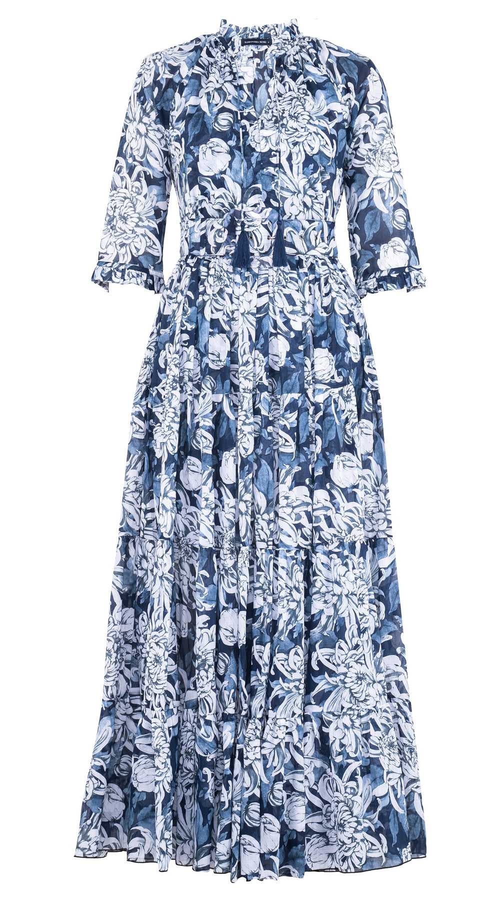 Eva Dress Crew Neck 3/4 Sleeve Maxi Length Cotton Musola (Chrysanthemum Flower Big)