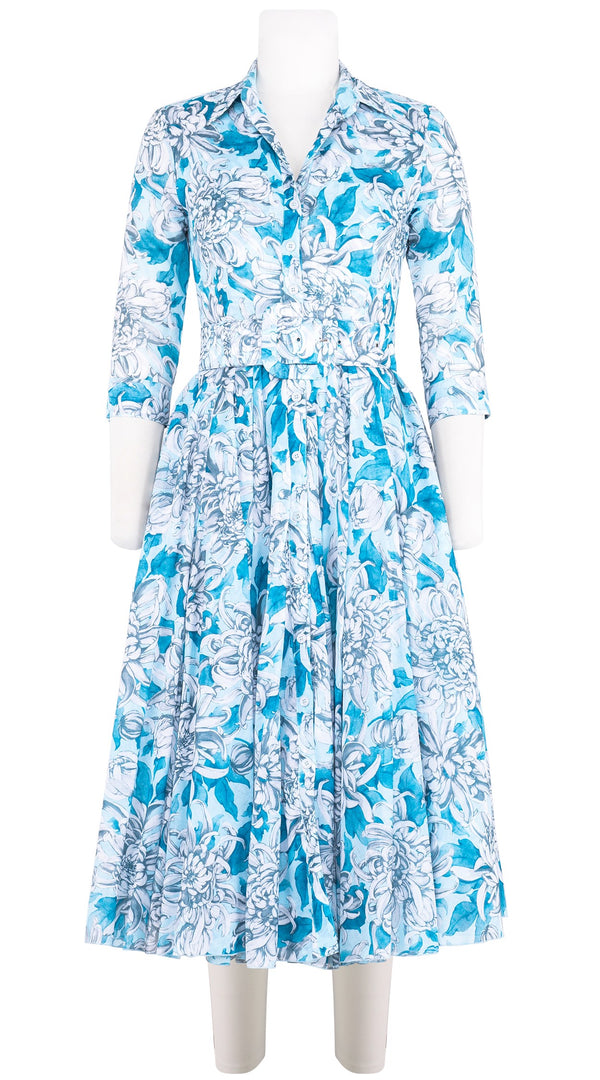 Aster Dress Shirt Collar 3/4 Sleeve Midi Length Cotton Musola (Chrysanthemum Flower Big)