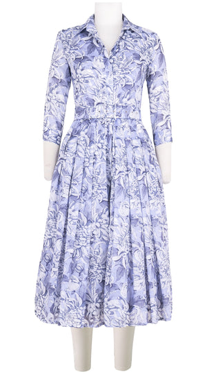 Audrey Dress #4 Shirt Collar 3/4 Sleeve Midi Length Cotton Musola (Chrysanthemum Flower Big)