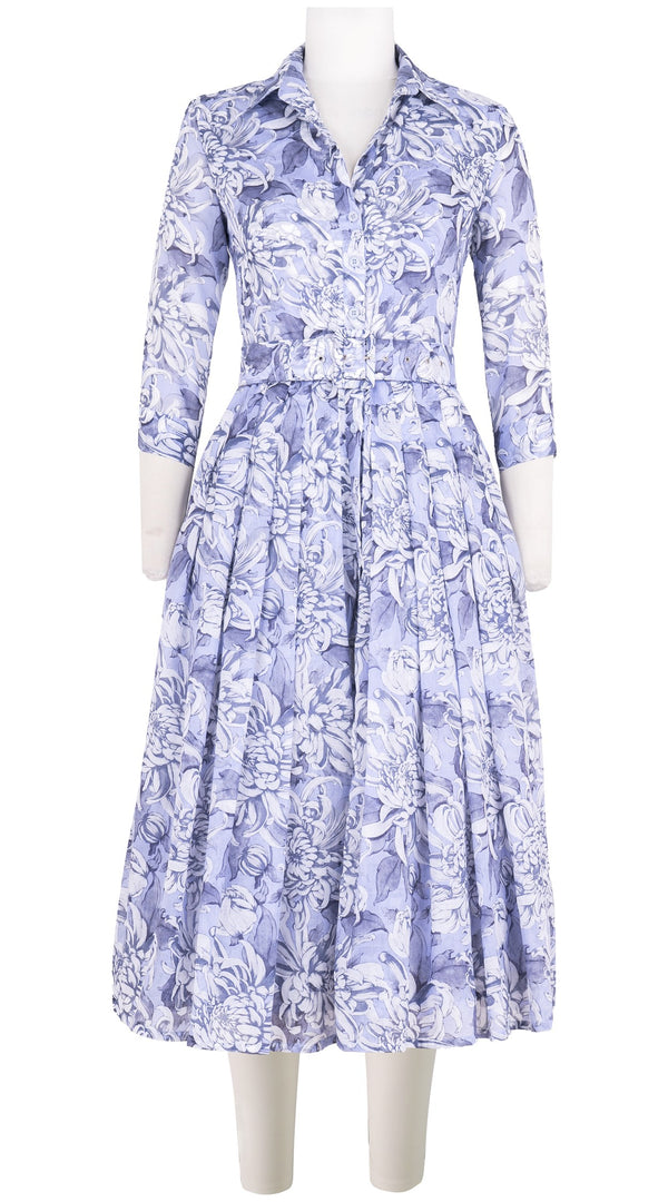 Audrey Dress #4 Shirt Collar 3/4 Sleeve Midi Length Cotton Musola (Chrysanthemum Flower Big)