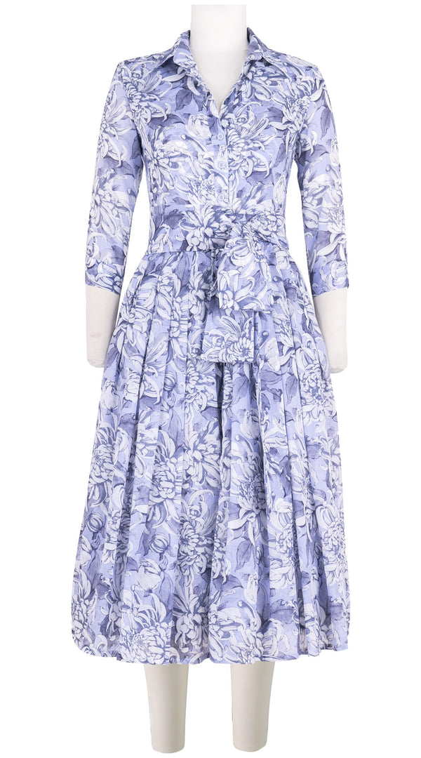 Audrey Dress #4 Shirt Collar 3/4 Sleeve Midi Length Cotton Musola (Chrysanthemum Flower Big)