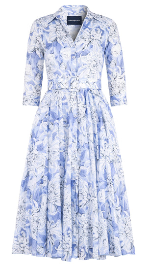 Aster Dress Shirt Collar 3/4 Sleeve Midi Length Cotton Musola (Chrysanthemum Flower)