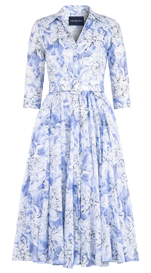 Aster Dress Shirt Collar 3/4 Sleeve Midi Length Cotton Musola (Chrysanthemum Flower)