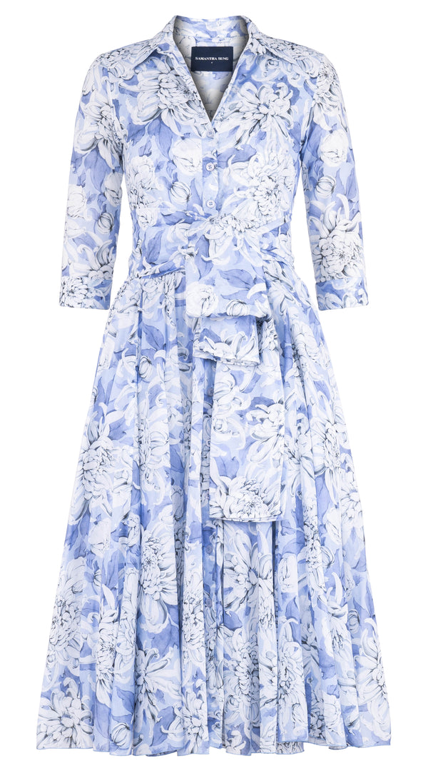 Aster Dress Shirt Collar 3/4 Sleeve Midi Length Cotton Musola (Chrysanthemum Flower)