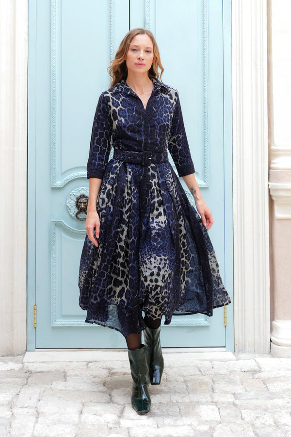 Audrey Dress #4 Shirt Collar 3/4 Sleeve Midi Plus Length Wool (Colombo Leopard) - Midnight Blue
