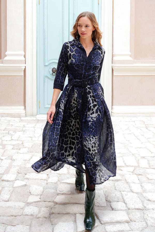 Audrey Dress #4 Shirt Collar 3/4 Sleeve Midi Plus Length Wool (Colombo Leopard) - Midnight Blue