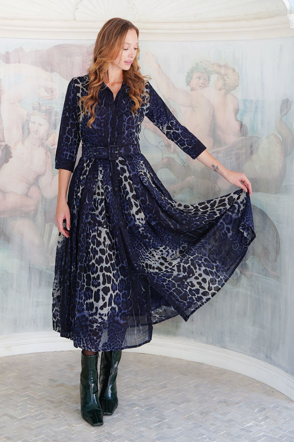Audrey Dress #4 Shirt Collar 3/4 Sleeve Midi Plus Length Wool (Colombo Leopard) - Midnight Blue