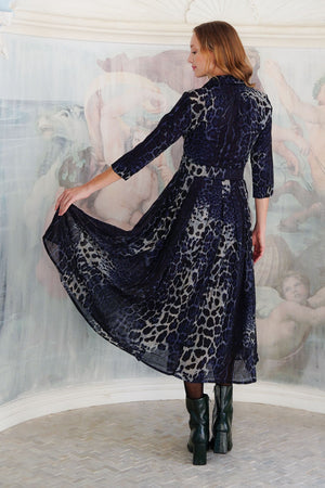 Audrey Dress #4 Shirt Collar 3/4 Sleeve Midi Plus Length Wool (Colombo Leopard) - Midnight Blue