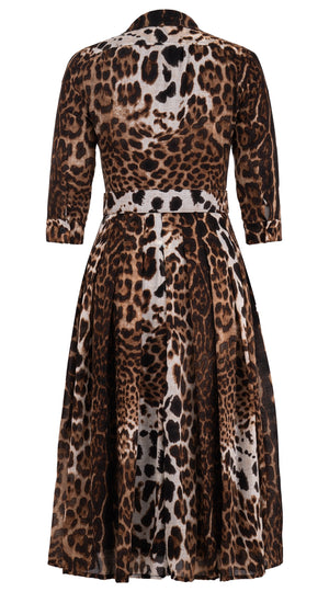 Audrey Dress #4 Shirt Collar 3/4 Sleeve Midi Length Wool (Colombo Leopard) - Sepia