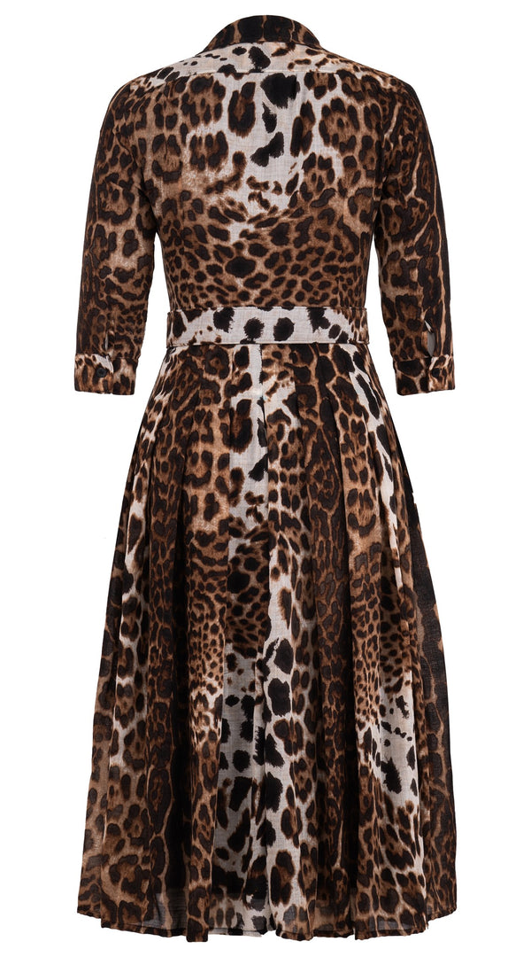 Audrey Dress #4 Shirt Collar 3/4 Sleeve Midi Length Wool (Colombo Leopard) - Sepia