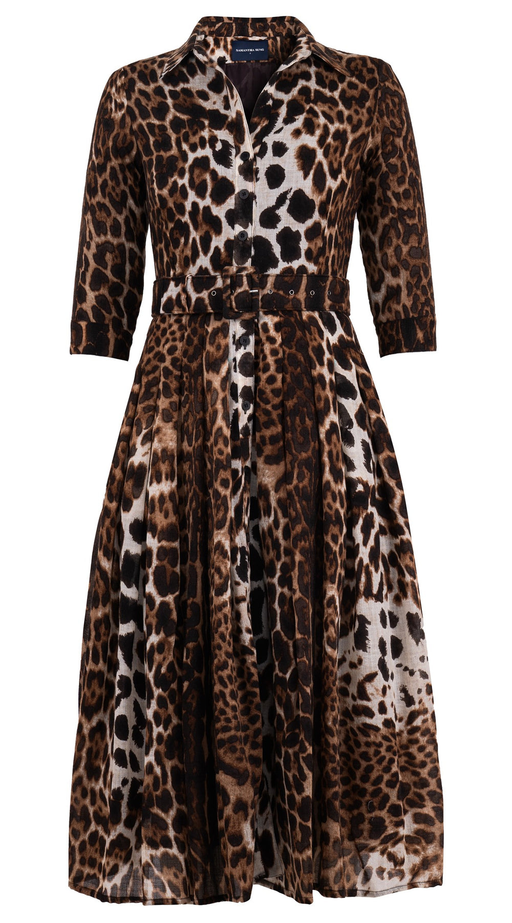 Audrey Dress #4 Shirt Collar 3/4 Sleeve Midi Length Wool Musola (Colombo Leopard) - Sepia
