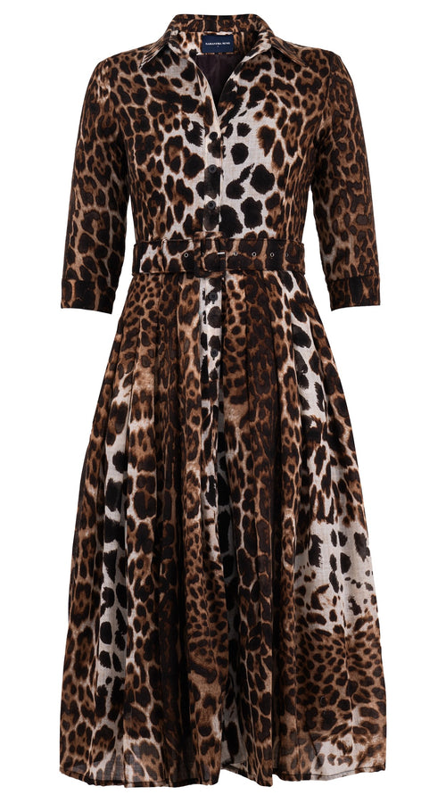 Audrey Dress #4 Shirt Collar 3/4 Sleeve Midi Length Wool (Colombo Leopard) - Sepia