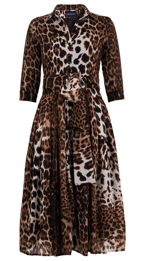 Audrey Dress #4 Shirt Collar 3/4 Sleeve Midi Length Wool (Colombo Leopard) - Sepia