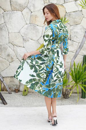 Audrey Dress #1 Shirt Collar 3/4 Sleeve Long Length Silk Taffta (Como Lake Garden Pastel)