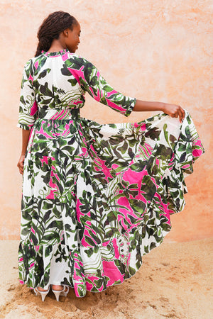 Eden Dress Crew Neck 3/4 Sleeve Maxi Length Cotton Musola (Como Lake Garden White)