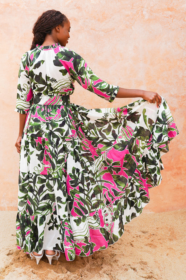 Eden Dress Crew Neck 3/4 Sleeve Maxi Length Cotton Musola (Como Lake Garden White)