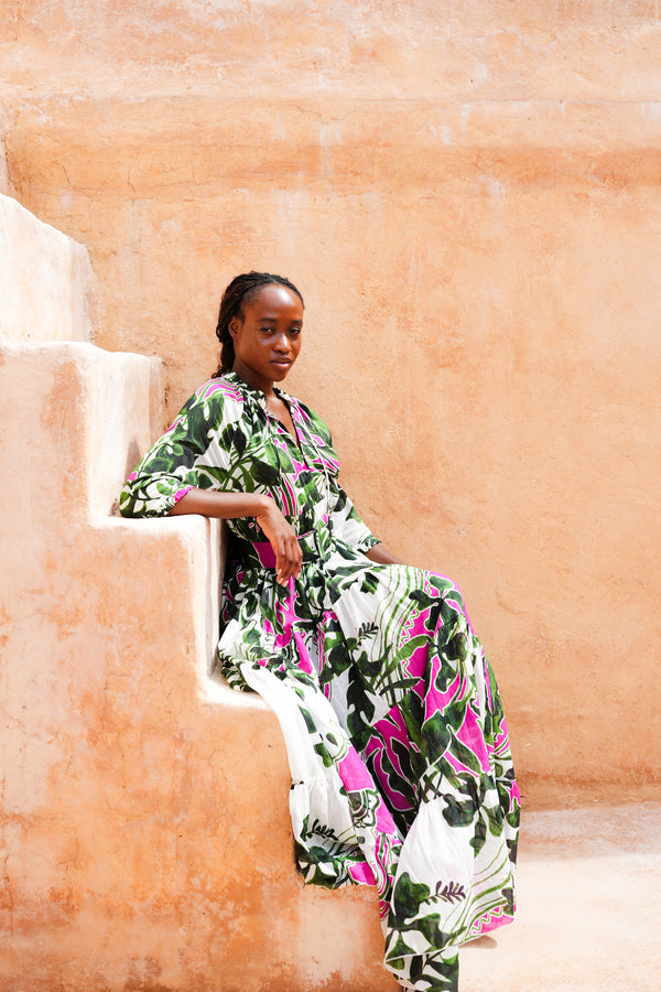 Eden Dress Crew Neck 3/4 Sleeve Maxi Length Cotton Musola (Como Lake Garden White)