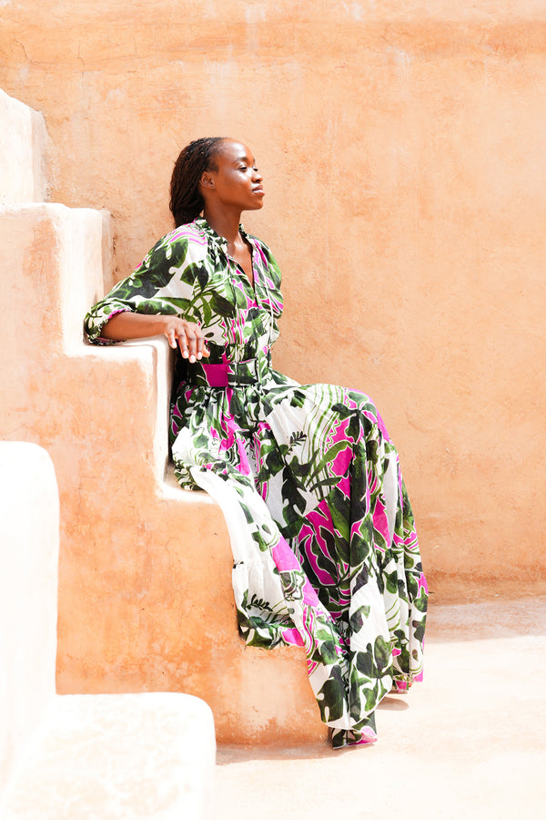 Eden Dress Crew Neck 3/4 Sleeve Maxi Length Cotton Musola (Como Lake Garden White)