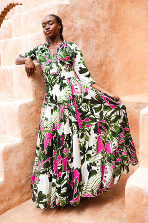 Eden Dress Crew Neck 3/4 Sleeve Maxi Length Cotton Musola (Como Lake Garden White)