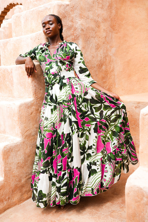 Eden Dress Crew Neck 3/4 Sleeve Maxi Length Cotton Musola (Como Lake Garden White)