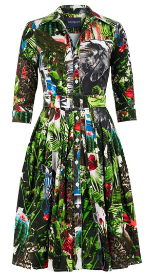 Audrey Dress #1 Shirt Collar 3/4 Sleeve Long Length Cotton Stretch (Congo Jungle)