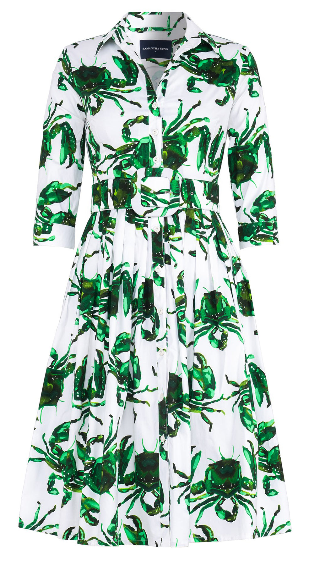 Audrey Dress #2 Shirt Collar 3/4 Sleeve Long Length Cotton Stretch (Crab Art)