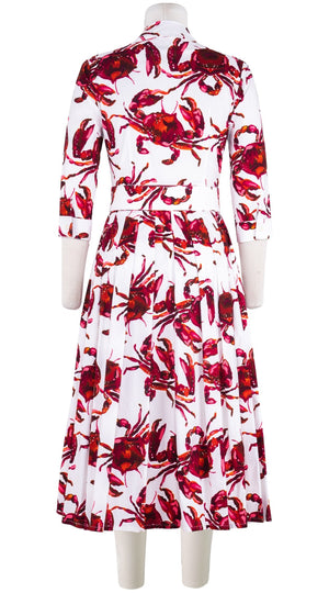 Audrey Dress #4 Shirt Collar 3/4 Sleeve Midi Length Cotton Stretch (Crab Art)