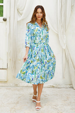 Audrey Dress #1 Shirt Collar 3/4 Sleeve Long Length Cotton Stretch (Crocus Hyacinth Pastel)