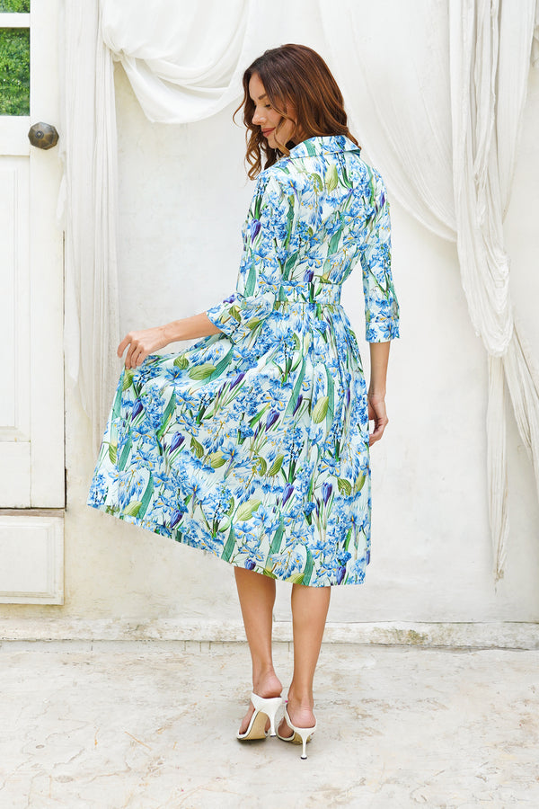 Audrey Dress #1 Shirt Collar 3/4 Sleeve Long Length Cotton Stretch (Crocus Hyacinth Pastel)