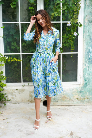 Audrey Dress #1 Shirt Collar 3/4 Sleeve Long Length Cotton Stretch (Crocus Hyacinth Pastel)