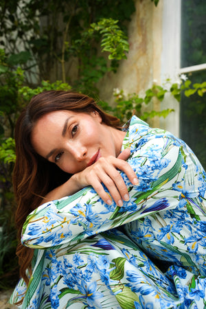 Audrey Dress #1 Shirt Collar 3/4 Sleeve Long Length Cotton Stretch (Crocus Hyacinth Pastel)